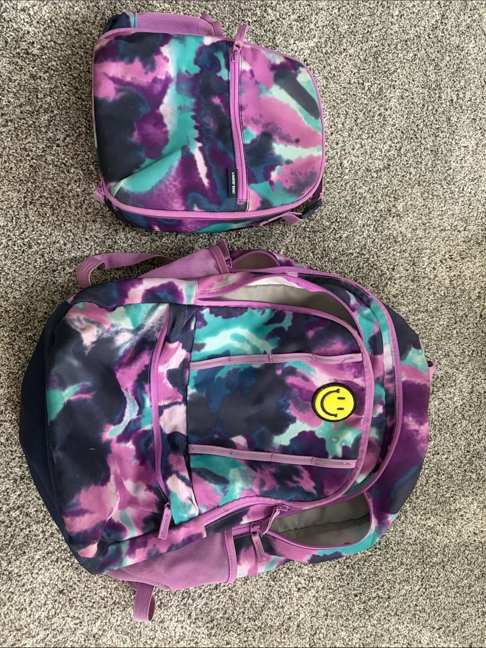 Lands' End Kids Purple & Teal Tie-Dye Backpack Set with Smiley Patch